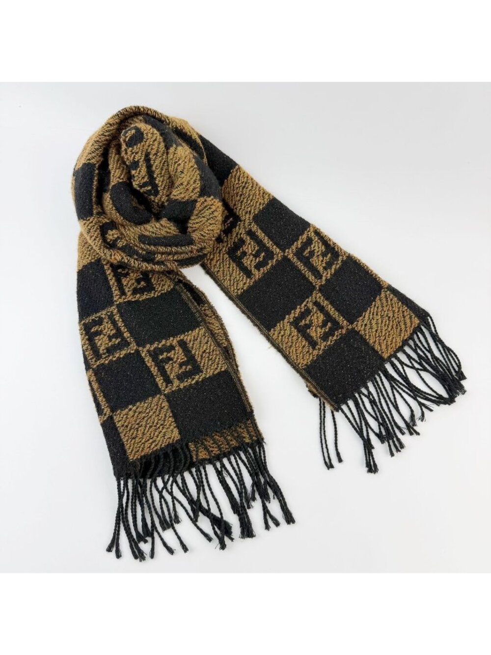 Fendi Zucca FF Checkerboard Scarf Brown Black Vintage
